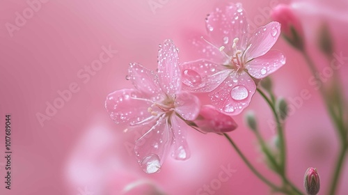 Delicate Pink Flowers with Dewdrops on Soft Pink Background
