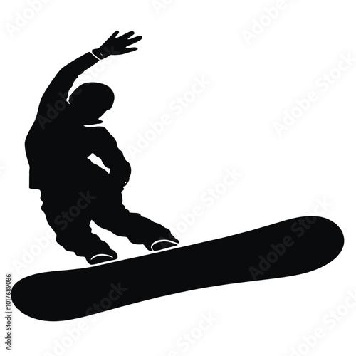 A silhouette of a snowboarder performing a trick, with a minimalist black and white style