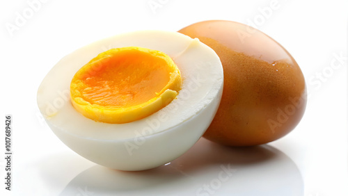 A brown boiled egg is cut in half to reveal a golden yolk.