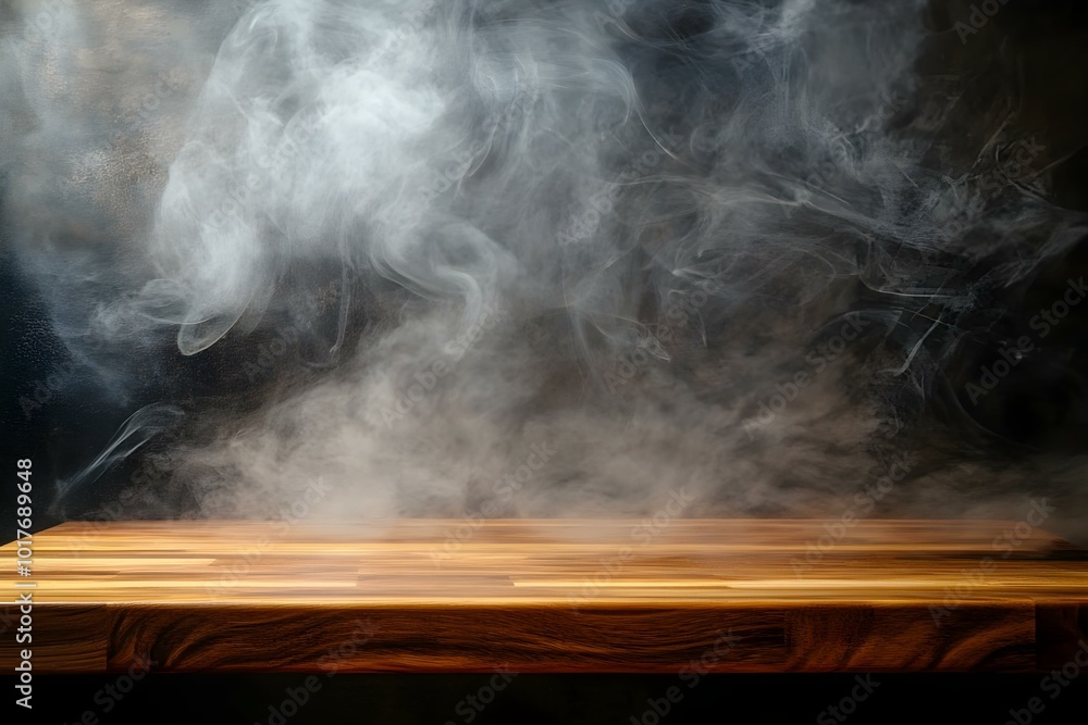Wood table with smoke on the background. Wooden empty surface in the kitchen for product presentation. Mockup for design Wood table with smoke on the background. Wooden empty surface in the kitchen for product presentation. Mockup for design