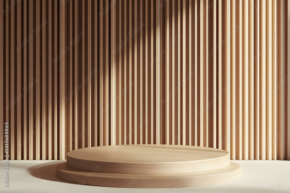 Wooden podium. 3D wooden stand for product presentation. Empty platform against the background of vertical slats on the wall. Modern minimalistic studio interior with a stage for the jewelry sphere Wooden podium. 3D wooden stand for product presentation. Empty platform against the background of vertical slats on the wall. Modern minimalistic studio interior with a stage for the jewelry sphere