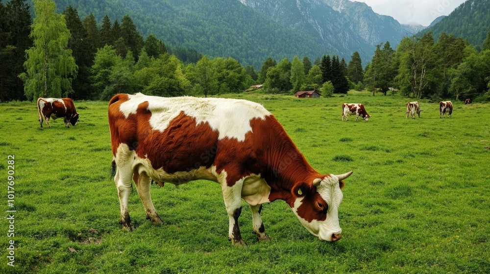 Scenic Pastureland with Grazing Cows Amidst Majestic Mountains Scenic Pastureland with Grazing Cows Amidst Majestic Mountains