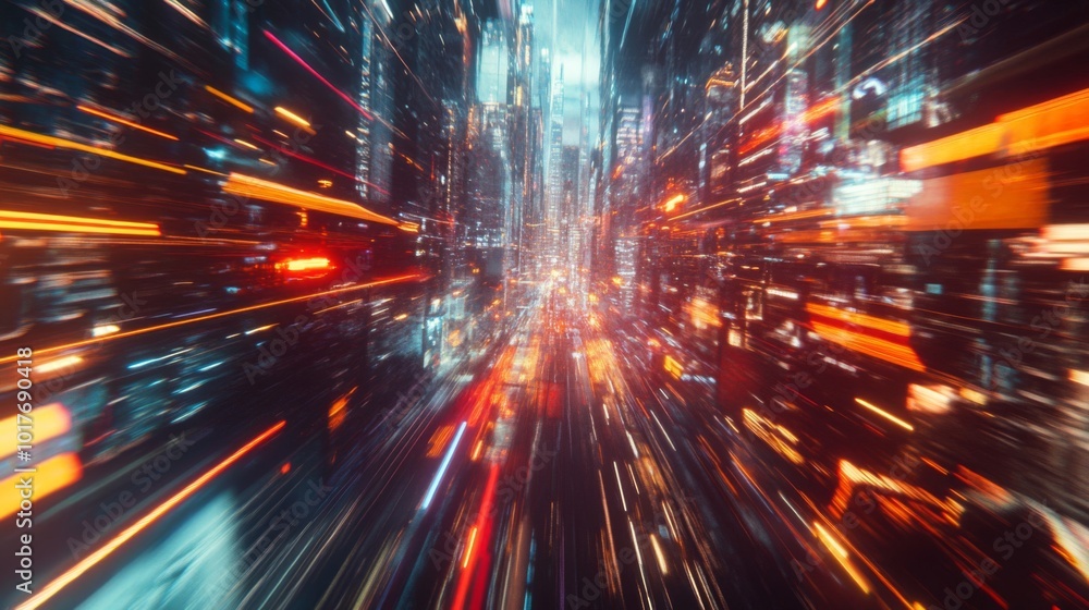 A Fast-Moving View of a City at Night with Blurry Lights and Buildings A Fast-Moving View of a City at Night with Blurry Lights and Buildings