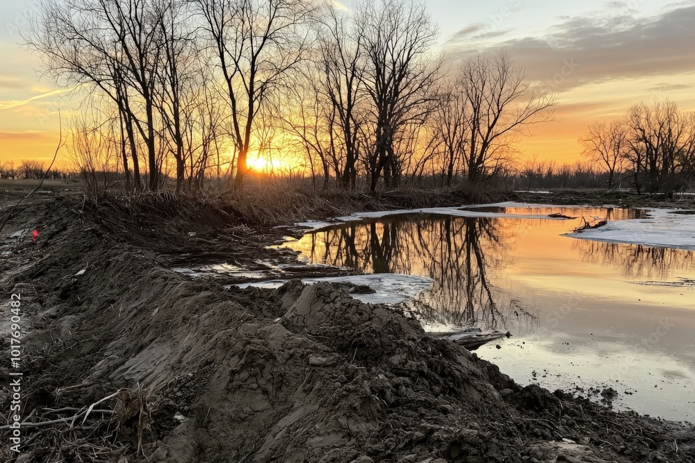 A serene sunset over the calm waters reflecting the evening sky near a tranquil riverbank A serene sunset over the calm waters reflecting the evening sky near a tranquil riverbank