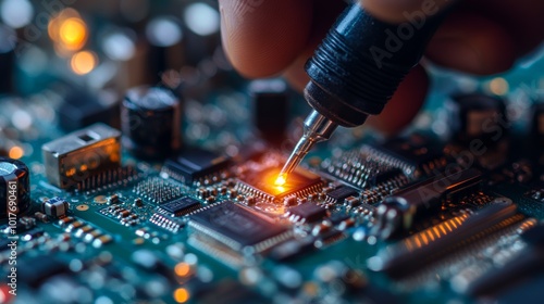 Soldering Iron On Circuit Board With Microchip Close Up