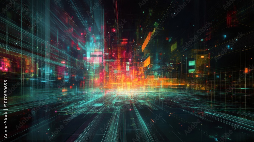 Abstract Digital Cityscape with Vivid Lights and Lines Abstract Digital Cityscape with Vivid Lights and Lines