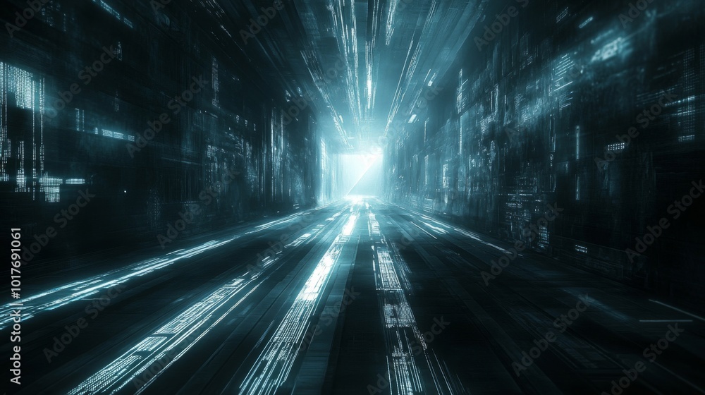 Abstract Digital Tunnel with Glowing Lines and Code Abstract Digital Tunnel with Glowing Lines and Code