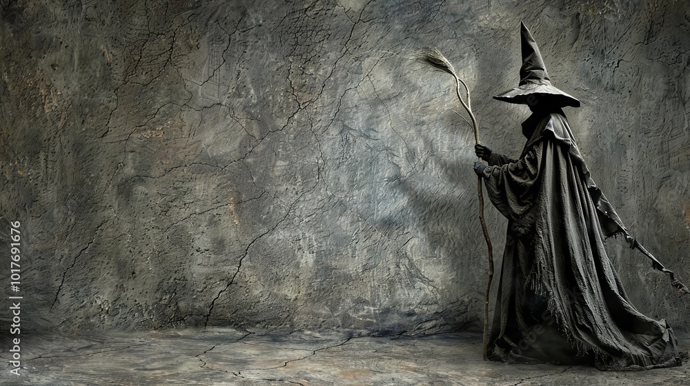 Mysterious witch holding a broomstick in a dark setting. Mysterious witch holding a broomstick in a dark setting.