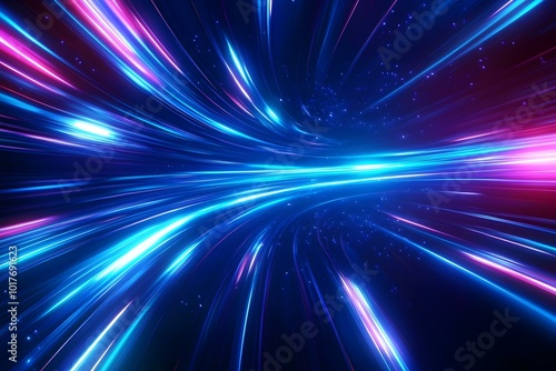 Abstract neon speed light background. Blue laser burst of energy. The effect of moving glowing lines photo