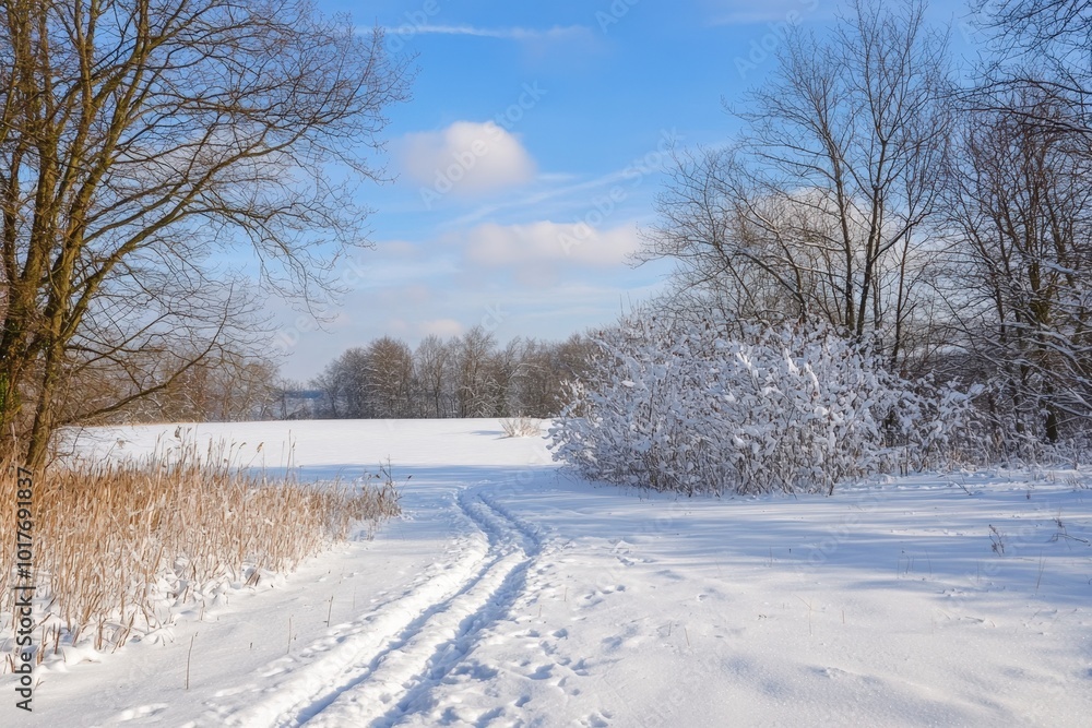 Fototapeta premium A tranquil winter pathway winding through a snowy landscape under a bright blue sky