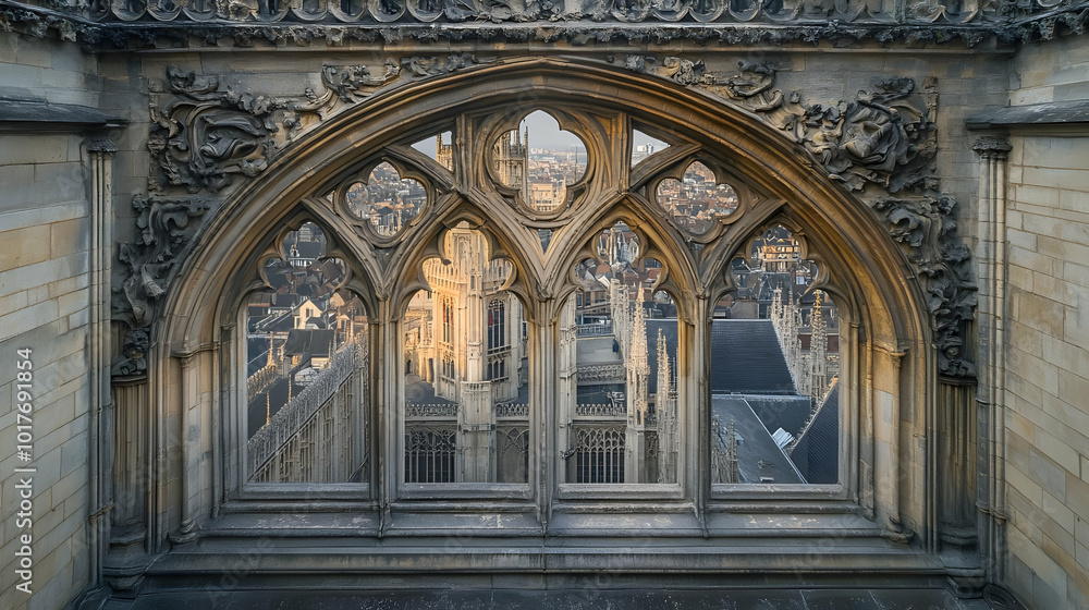 Gothic Arch Window with Cityscape View. Gothic Arch Window with Cityscape View.