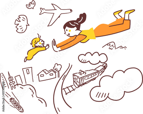 空中でハイタッチする母親と赤ちゃん　充実した親子関係をイメージしたストックイラスト素材
