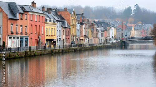 Colorful Houses Reflecting in a River in a European City.