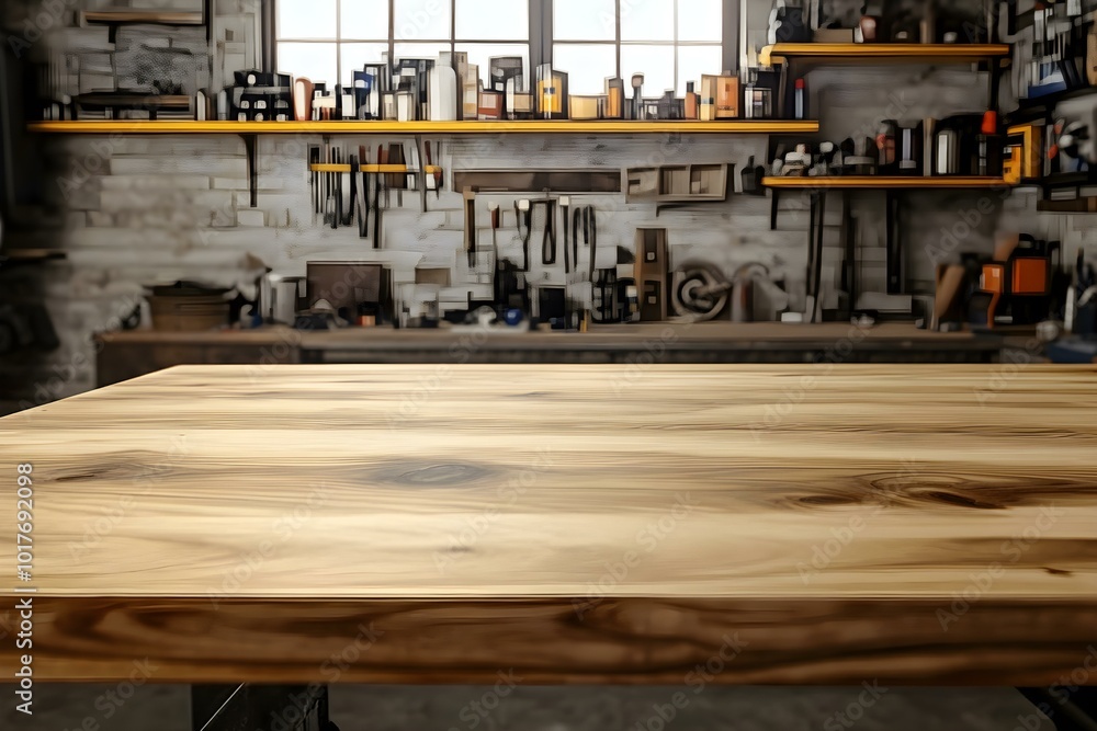 Countertop made of wood against the backdrop of a garage. Empty tabletop in workshop for product presentation. Mockup platform for automobile oils, chemicals or spare parts Countertop made of wood against the backdrop of a garage. Empty tabletop in workshop for product presentation. Mockup platform for automobile oils, chemicals or spare parts