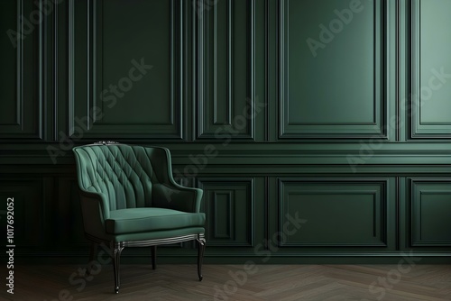 Chair in green empty room with classic wall panels frames. Studio mockup with dark modern luxury design