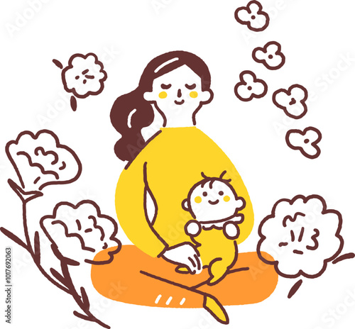 膝に抱っこされている赤ちゃんとそれを見守る母親　ストックイラスト素材	
