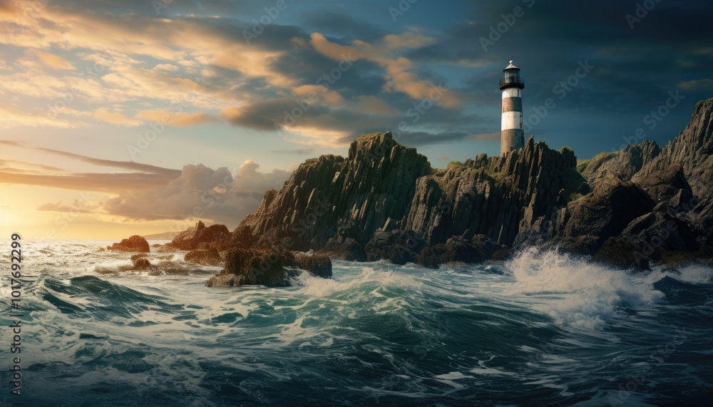 Obraz premium Lighthouse on rock and calm seas, created using technology