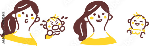 笑顔の母親と赤ちゃん　泣きだす赤ちゃんと驚く母親　セットのストックイラスト素材
