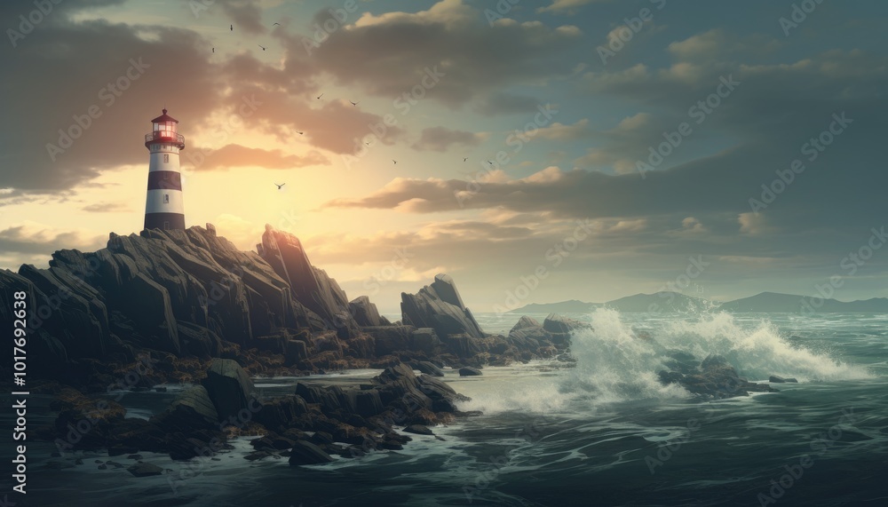 Lighthouse on rock and calm seas, created using technology Lighthouse on rock and calm seas, created using technology