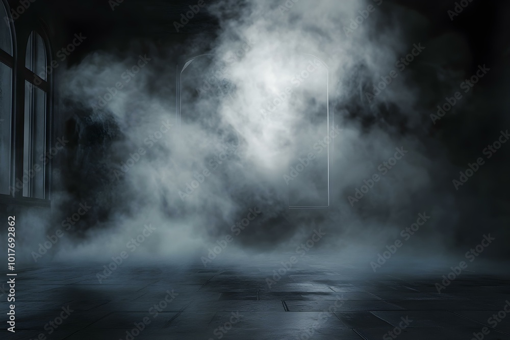 Fog in a dark room. Smoke in an empty studio room. Horror scene with smog. Wallpaper for halloween or car design Fog in a dark room. Smoke in an empty studio room. Horror scene with smog. Wallpaper for halloween or car design