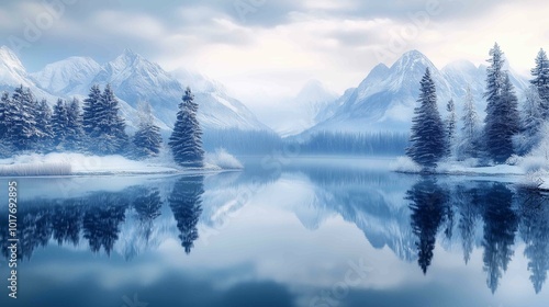 Beautifully Calm Lake, Reflecting Majestic Snowy Mountains. Winter Background. 