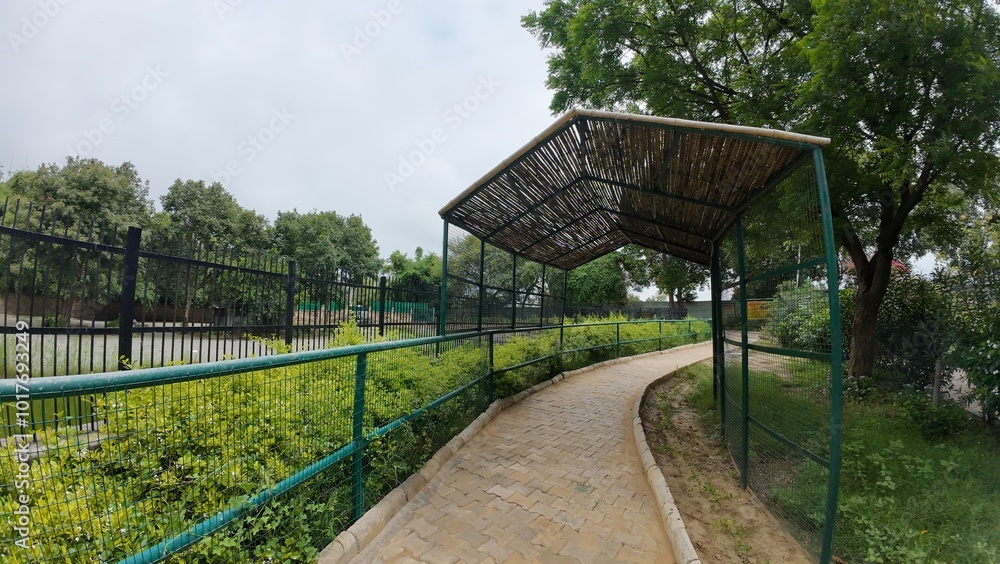 A serene shaded walkway constructed with a bamboo roof and steel supports A serene shaded walkway constructed with a bamboo roof and steel supports