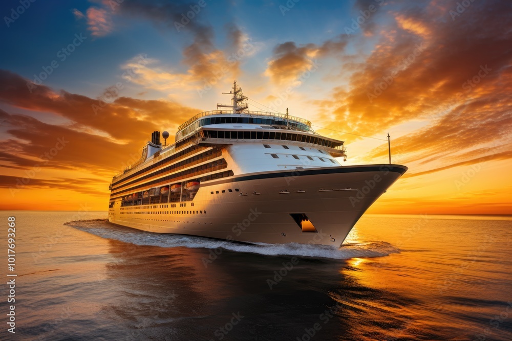 Luxury cruise ship sailing to port on sunrise Luxury cruise ship sailing to port on sunrise
