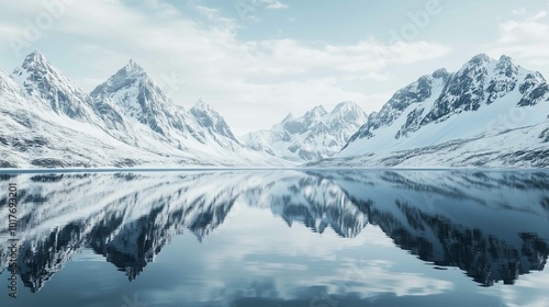 Beautifully Calm Lake, Reflecting Majestic Snowy Mountains. Winter Background. 