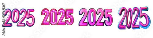 Set of a neon 2025 New Year sign, isolated on a transparent background.