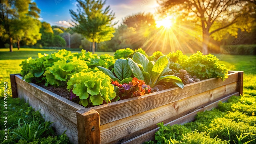 A wooden raised garden bed overflowing with lush green leafy vegetables bathed in the warm glow of a golden sunset. A wooden raised garden bed overflowing with lush green leafy vegetables bathed in the warm glow of a golden sunset.