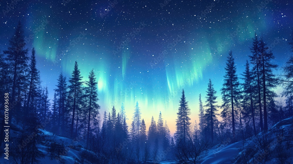 Fototapeta premium The magical winter forest illuminated by the northern lights