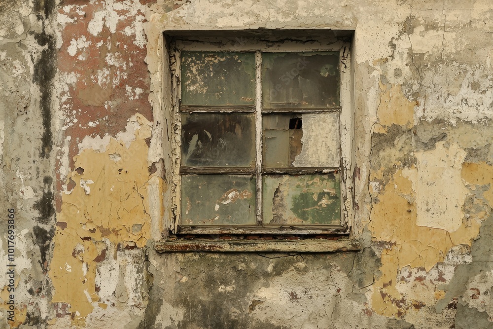 A weathered window framed by peeling paint reveals the passage of time on an old building A weathered window framed by peeling paint reveals the passage of time on an old building