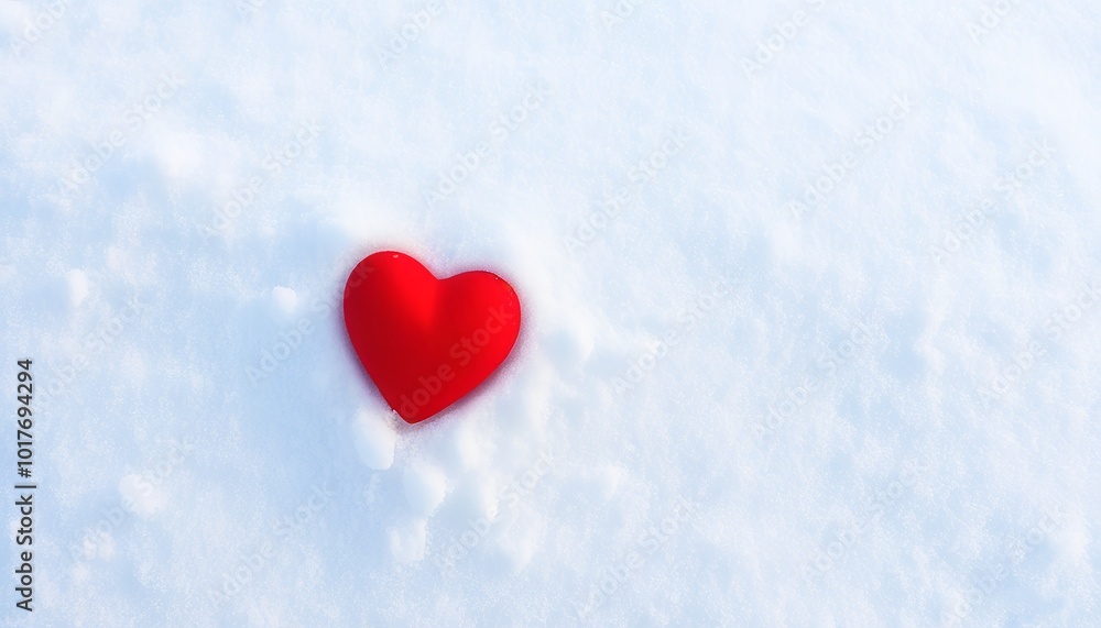 A single red heart rest on the left side of snow in winter day. Love concept. Valentine day background. Made with generative AI technology