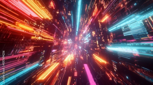 Abstract Neon Lights Streaks Through a Digital Space