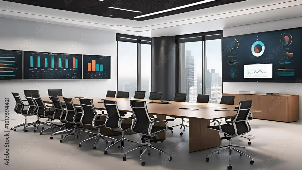 Sleek conference room with polished table, data charts, and natural light Sleek conference room with polished table, data charts, and natural light