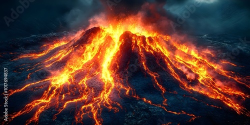 A fiery eruption of a volcano, with molten lava flowing down its sides. The dark sky and smoke add to the drama of this natural phenomenon.