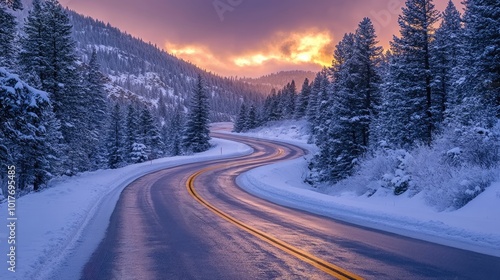 Winding Road Through Snowy Mountains at Sunset