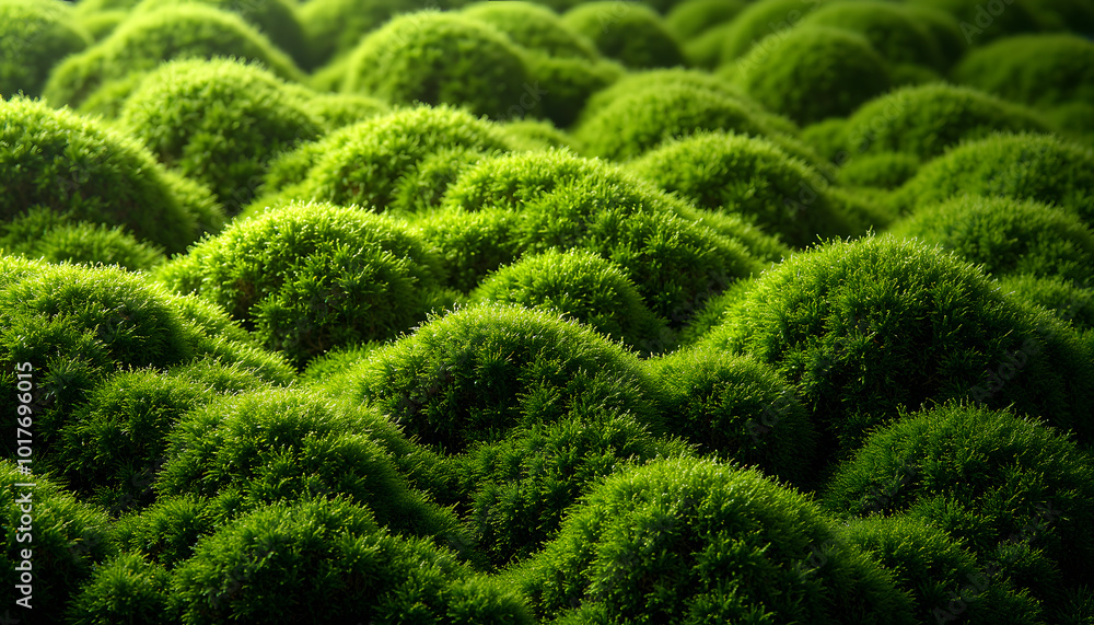 Vibrant green moss texture forming rolling hills for nature and landscape design applications Vibrant green moss texture forming rolling hills for nature and landscape design applications