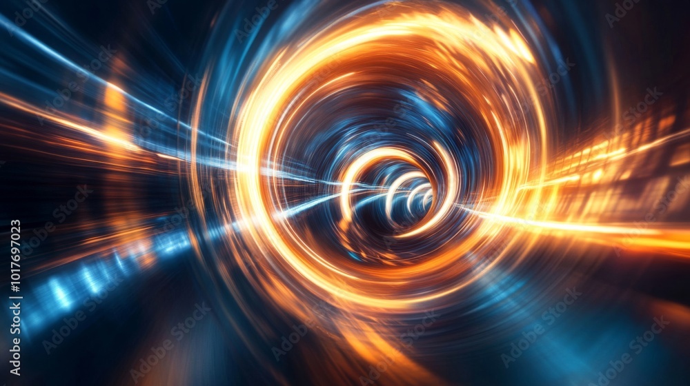 Abstract swirling tunnel of light with orange and blue glowing lines Abstract swirling tunnel of light with orange and blue glowing lines