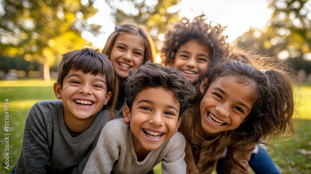 Group of smiling diverse children outdoors Group of smiling diverse children outdoors