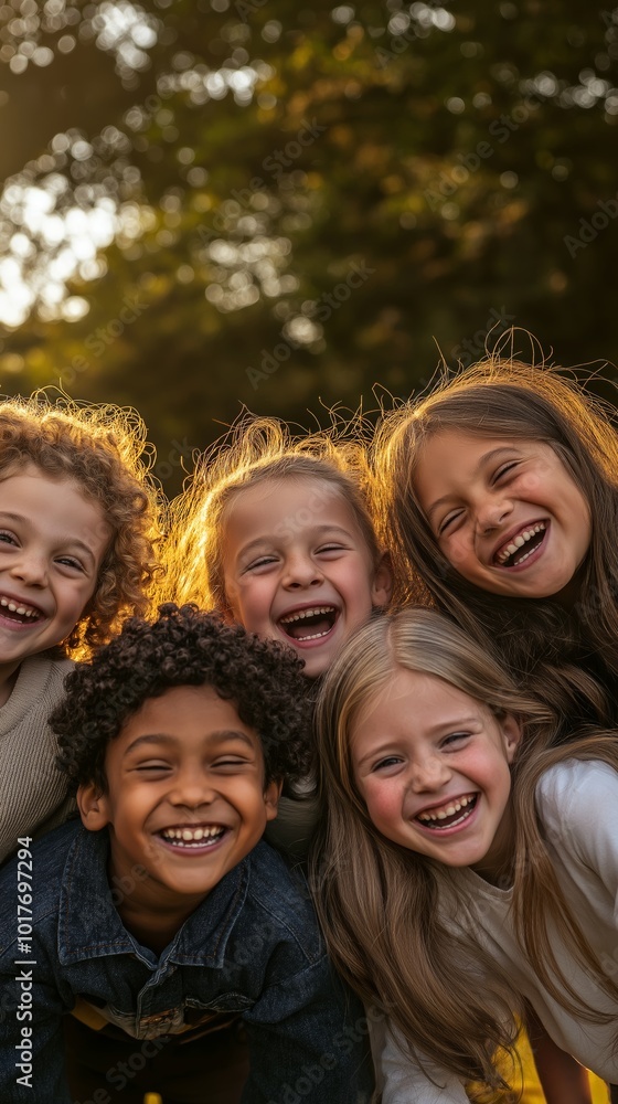 Group of smiling diverse children outdoors Group of smiling diverse children outdoors
