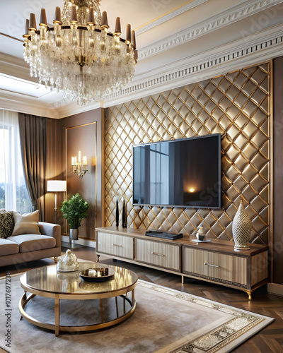 Modern living room with elegant gold wall design.**