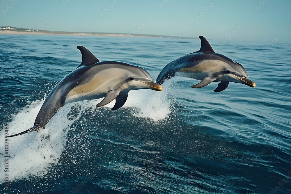 Fototapeta premium Two dolphins leap from the water, their sleek bodies catching the sunlight as they gracefully soar through the air.