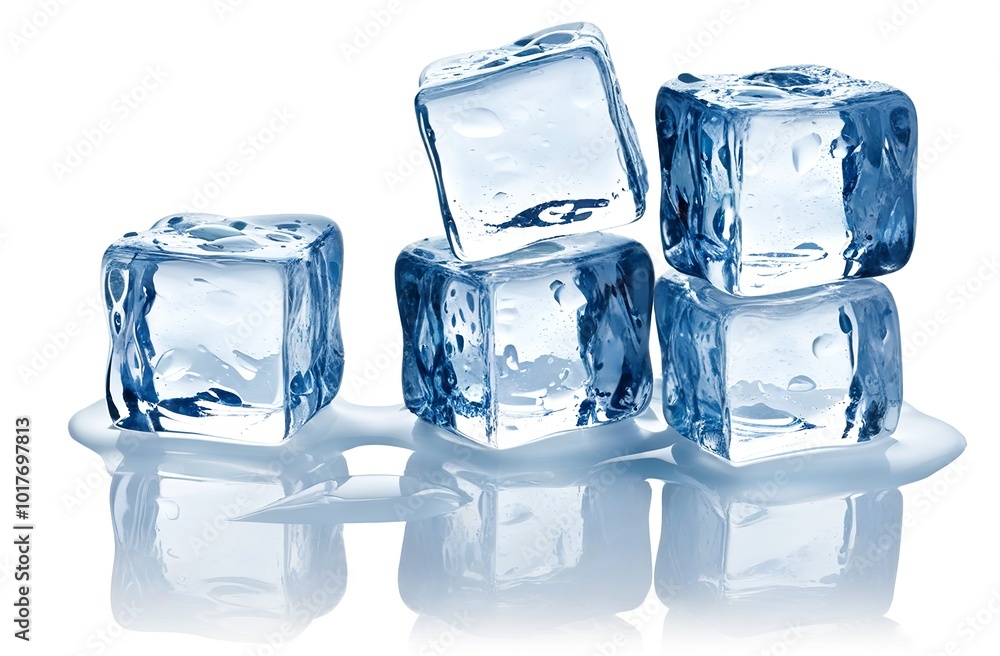 Five ice cubes with reflection isolated on a white background. Made with generative AI technology Five ice cubes with reflection isolated on a white background. Made with generative AI technology