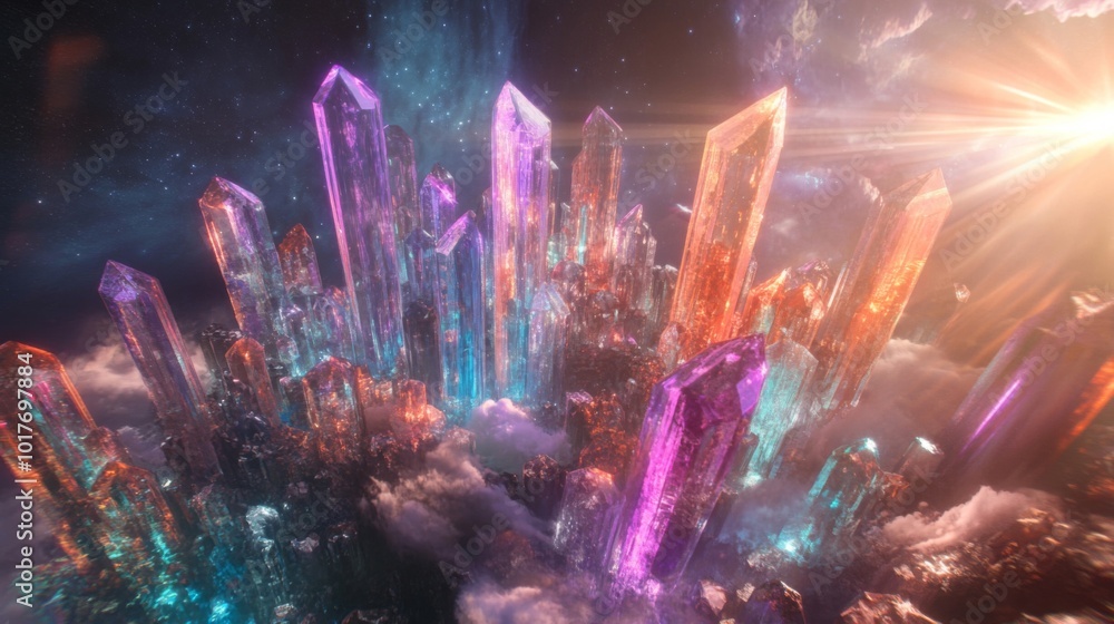 Crystal Cityscape with Sun Rays and Stars Crystal Cityscape with Sun Rays and Stars