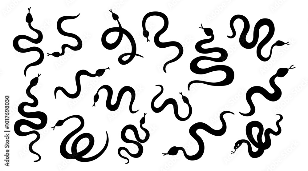 set silhouettes of wild snakes. Symbol of 2025. Ink silhouette for design. Vector illustration isolated on white background set silhouettes of wild snakes. Symbol of 2025. Ink silhouette for design. Vector illustration isolated on white background