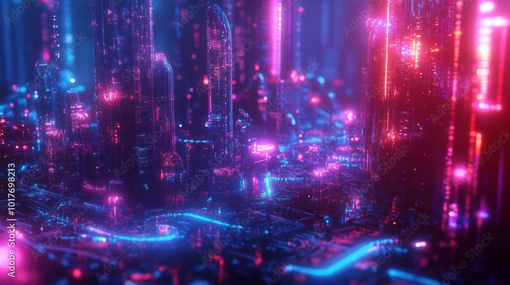 Fototapeta premium Glowing Cyber Cityscape with Neon Lights and Towering Buildings