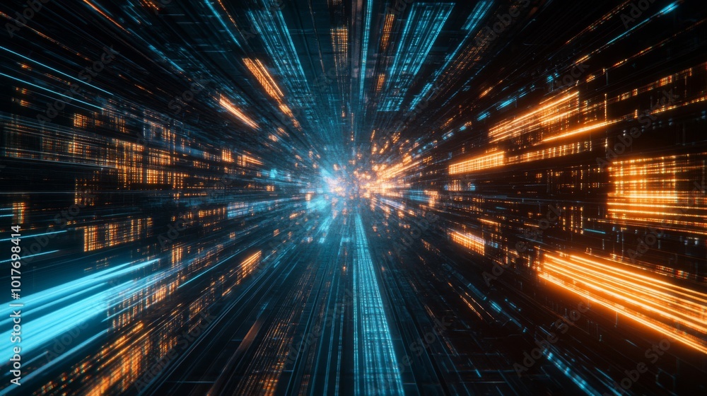 Abstract Digital Tunnel with Glowing Blue and Orange Lines Abstract Digital Tunnel with Glowing Blue and Orange Lines