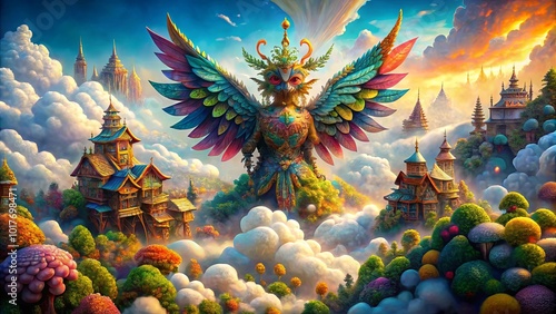 A majestic feathered guardian spreads its wings over a fantastical sky-high landscape, nestled among clouds and soaring structures, evoking a sense of wonder and ancient wisdom.