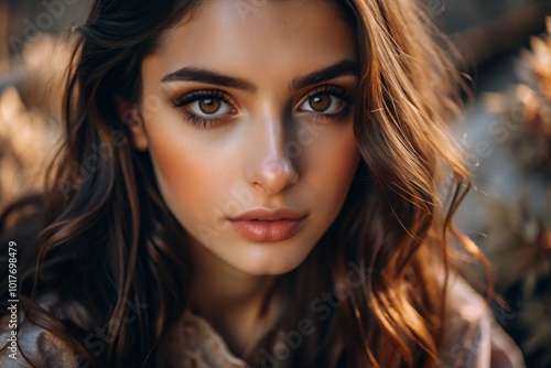 A deep, emotional portrait. The face of a young brunette girl without makeup, with expressive eyes, curly hair. Natural female beauty.